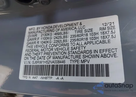 2022 Honda Cr-V 2Wd Ex from USA, damaged, VIN 5J6RW1H52NA008446